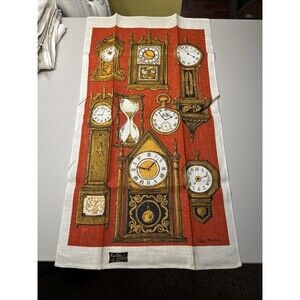 Vintage Tea Dish Towel Clocks Robert Martin Kay Dee Linen 17x30” New Old Stock